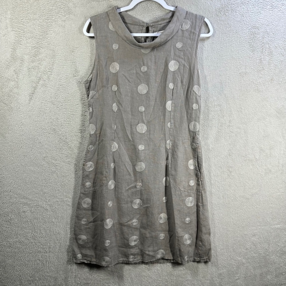 Lina‎ Tomei Italy Linen Polka Dot Cowl Neck Sleeveless Dress Tan Beige Small